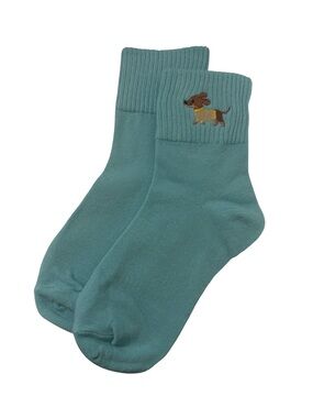 Dachshund Wiener Dog Embroidered Low Crew Socks Dusty Teal Blue Green One Size